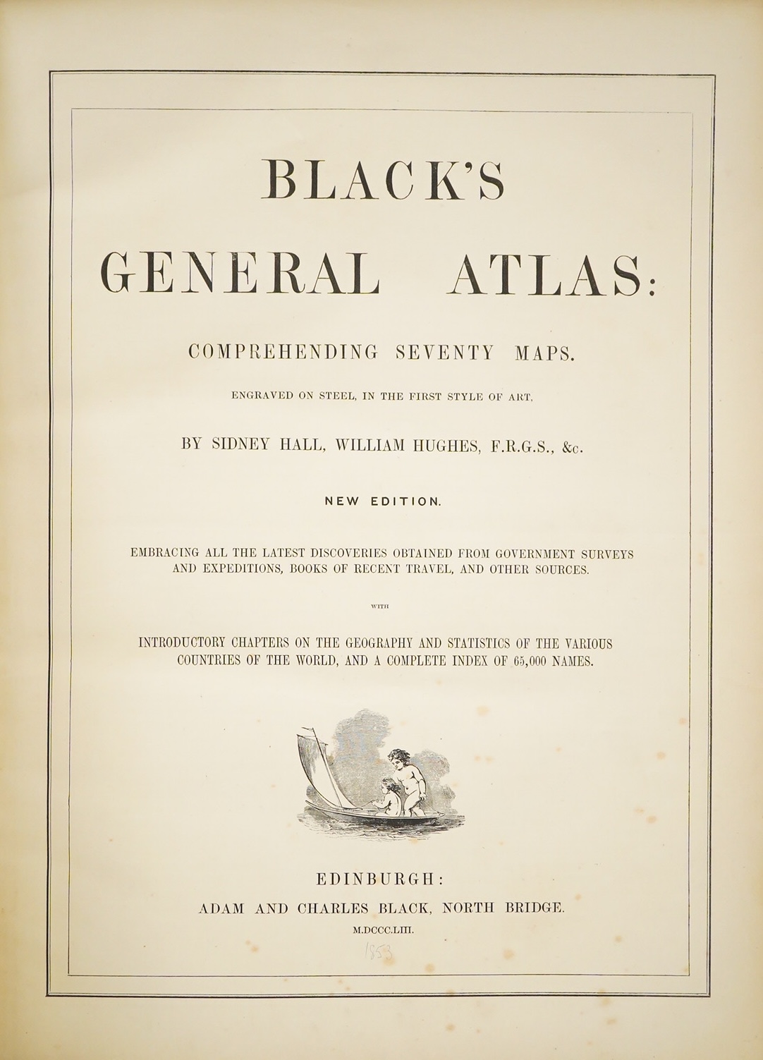 Hall, Sidney and Others - Black's General Atlas ... new edition. 70 maps (mostly coloured and several d-page); newly rebound maroon half morocco (original leather spine mounted and cloth covers preserved), ge. (by Farnbo